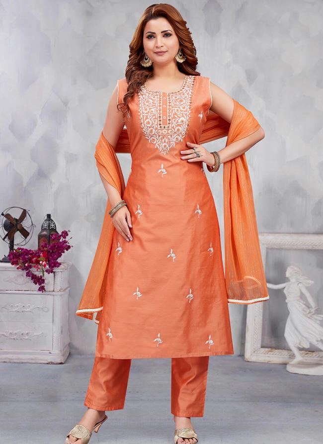 Chanderi Peach Festival Wear Mirror Work Readymade Salwar Suit